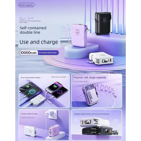 10000mAh Taşınabilir Şarj Aleti - Moonlight Beyazı - Fişli, Standlı, Dört Çıkışlı - 2