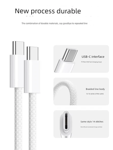 iPhone 15-16 Serisi için 45W Çift C Hızlı Şarj Kablosu 2.0m - Resim 5