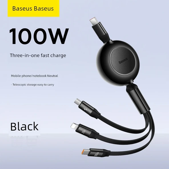 100W 3'ü 1 Arada USB Type-C Şarj Kablosu - 1.1m - Siyah