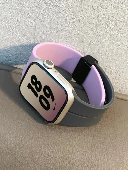 Apple Watch için İki Renkli Silikon Spor Manyetik Tokalı Kordon - 44mm (iwatch4/5/6/SE) - Yıldızlı Gökyüzü Limon ve Mor