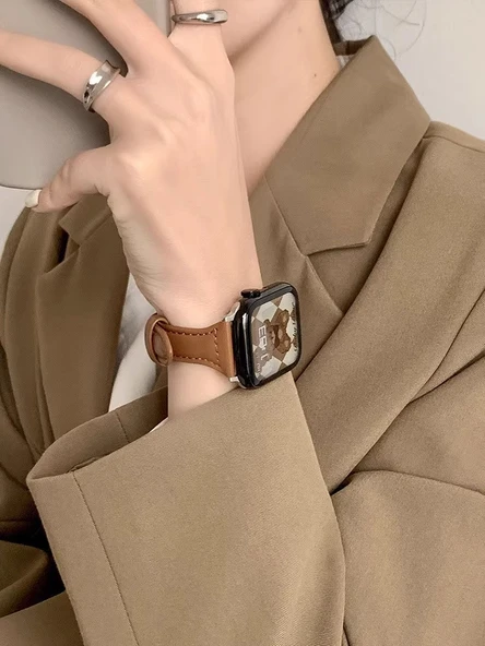 Huawei Fit-1 Uyumlu Deri Akıllı Saat Kordonu - İğne Tokalı Sütlü Kahve