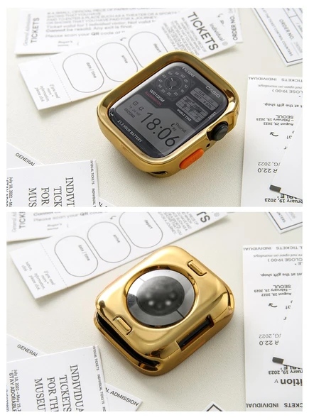 Apple Watch 44mm Elektro Kaplama Altın Düz Kenar Yumuşak Kılıf ve Su Jeli Film - 11
