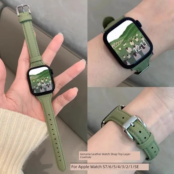 Huawei Fit-1 Uyumlu Deri Akıllı Saat Kordonu - Tokalı Yeşil