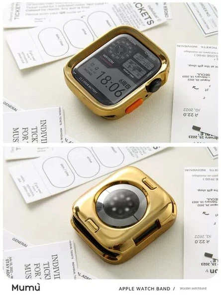 Apple Watch 44mm Elektro Kaplama Altın Düz Kenar Yumuşak Kılıf ve Su Jeli Film - 5