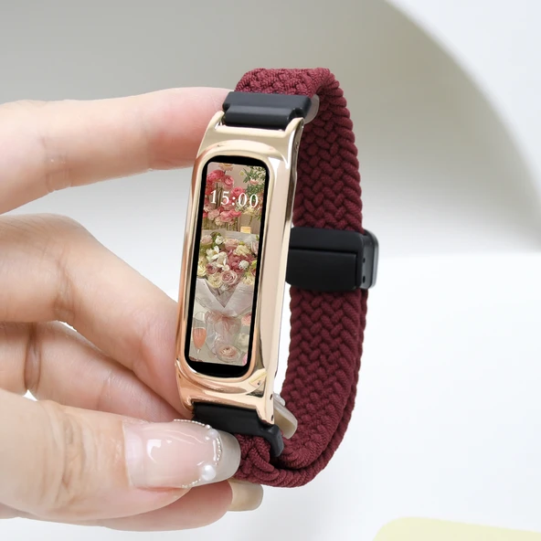 Honor Band 4R/5B Elastik Manyetik Tokalı Kordon - Şarap Kırmızısı Rose Gold Çerçeveli