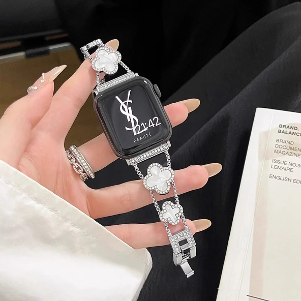 vivo WATCH 2 [46mm] için Metal Yonca Desenli Kordon - Gümüş Renkli Sedef