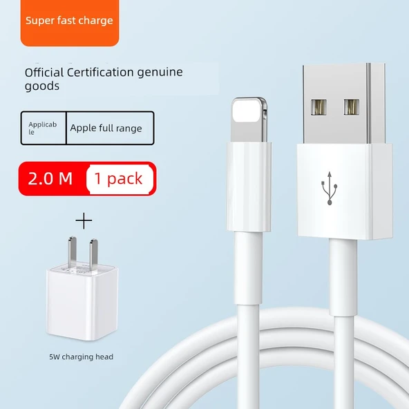 Hızlı Şarj Kablosu - 2.0 Metre - USB + 5W Şarj Başlığı Seti