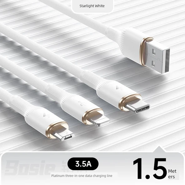 3'ü 1 Arada USB Şarj Kablosu - Beyaz 1.5 Metre (Model 1)