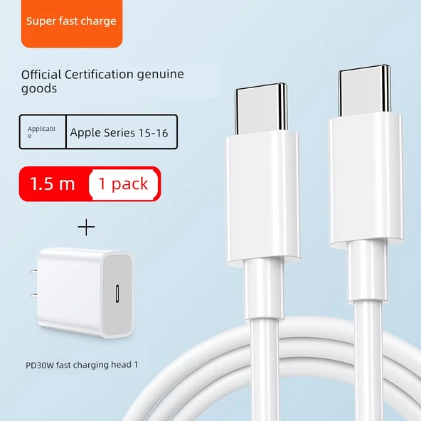 30W Hızlı Şarj Başlığı + Çift C Uçlu 1.5m Hızlı Şarj Kablosu Seti