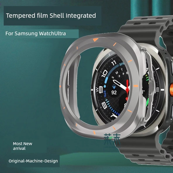 Samsung Watch Ultra Uyumlu Titanyum Altın Kılıf - Turuncu Desenli, Temperli Film