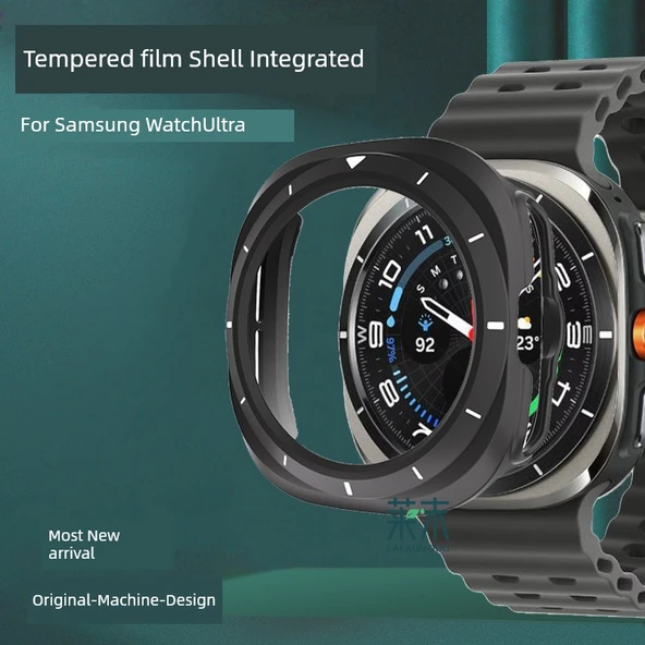 Samsung Watch Ultra Uyumlu Siyah Kılıf - Beyaz Desenli, Temperli Film