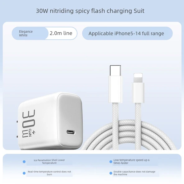 30W Beyaz Hızlı Şarj Cihazı ve 2.0m Kablo [8-14 Suit]