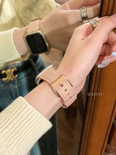 Apple Watch 46mm (Yeni 10 Nesil) için Havyar Desenli Deri Kordon - Genç Yetişkin Pudra-Rose Altın Tokalı
