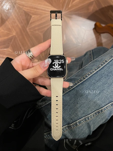 Apple Watch 44mm (SE/4/5/6 Nesil) için Havyar Desenli Deri Kordon - Yıldız Işığı Siyah Tokalı