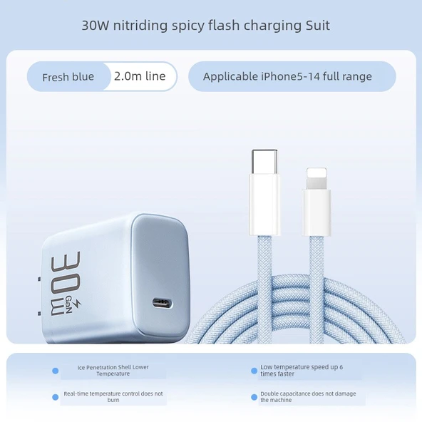 30W Mavi Hızlı Şarj Cihazı ve 2.0m Kablo [8-14 Suit]