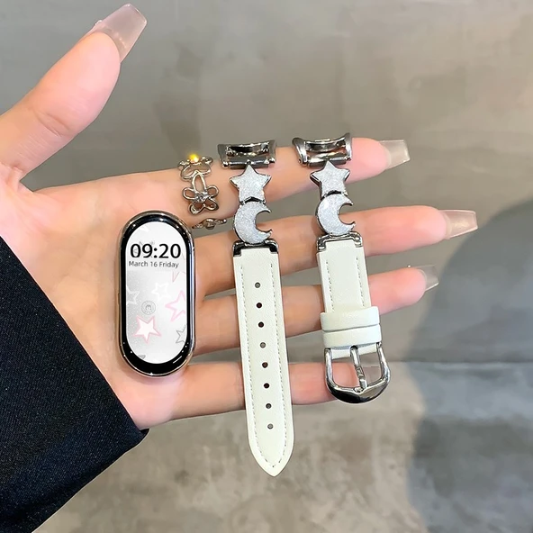 Xiaomi Bileklik 3/4 Uyumlu Deri Metal Kordon - Gümüş Yıldız Ay Desenli - Beyaz