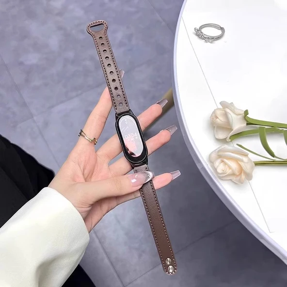Xiaomi Bileklik 6/5 Uyumlu Deri Kordon - Karamel Sütlü Çift Düğmeli
