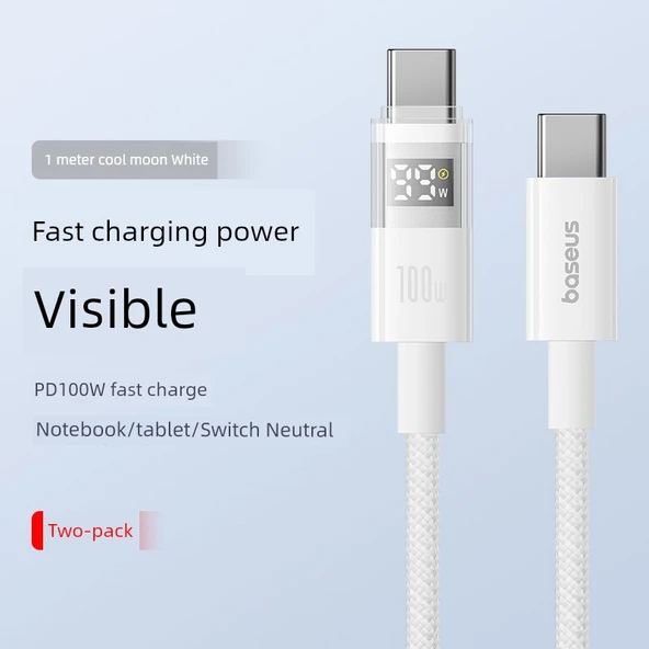 1m Parlak Ay Beyazı USB Type-C Şarj Kablosu - İki Adet