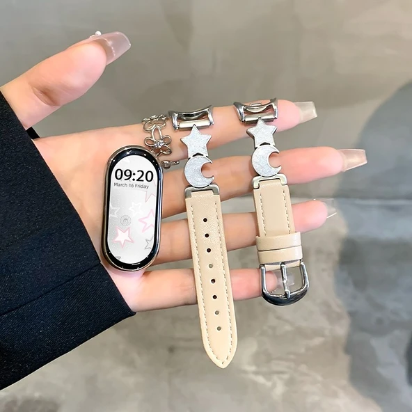 Xiaomi Bileklik 3/4 Uyumlu Deri Metal Kordon - Gümüş Yıldız Ay Desenli - Kayısı