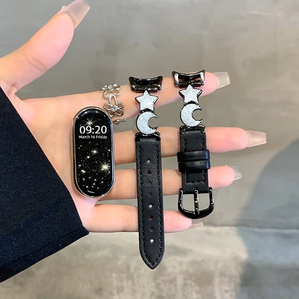 Xiaomi Bileklik 7 Uyumlu Deri Metal Kordon - Siyah Yıldız Ay Desenli - Siyah