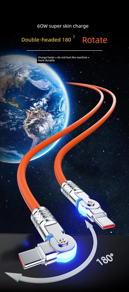 180 Derece Dönebilen Çift Type-C USB Kablo 120W - 1 Metre - Siyah Altın (Model 1) - 7