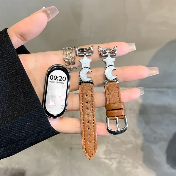 Xiaomi Bileklik 3/4 Uyumlu Deri Metal Kordon - Gümüş Yıldız Ay Desenli - Kahverengi