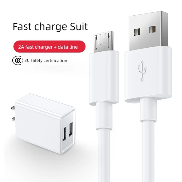 Android USB Şarj ve Data Kablosu 4A Güçlendirilmiş Beyaz 1m [Bir Alana Bir Bedava] + 2A Çift Portlu Şarj Başlığı