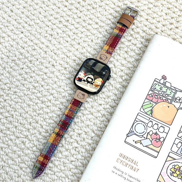 Hello Kitty Gökkuşağı Deri Apple Watch Kordonu - 49mm Kadran - iwatch8 Ultra Nesil - İnce Bel