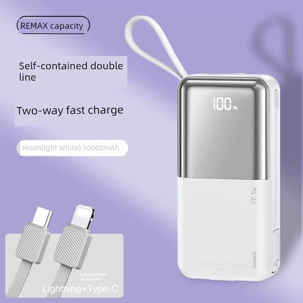 10000mAh Powerbank - Ay Işığı Beyazı - Hızlı Şarj - Dahili Kablolu