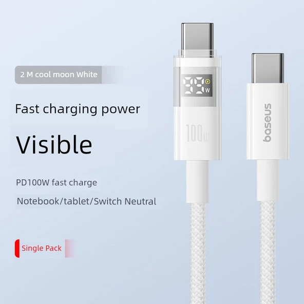 2M Parlak Ay Beyazı USB Type-C Dijital Ekranlı Şarj Kablosu