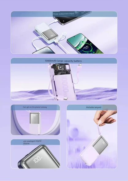 10000mAh Powerbank - Ay Işığı Beyazı - Hızlı Şarj - Dahili Kablolu - 8