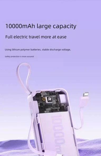 10000mAh Powerbank - Ay Işığı Beyazı - Hızlı Şarj - Dahili Kablolu - 10