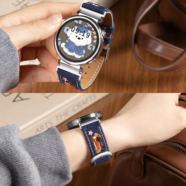 Huawei GT2 42mm/Glory Watch 2 42mm için Denim Köpek Nakışlı Koyu Mavi Saat Kayışı