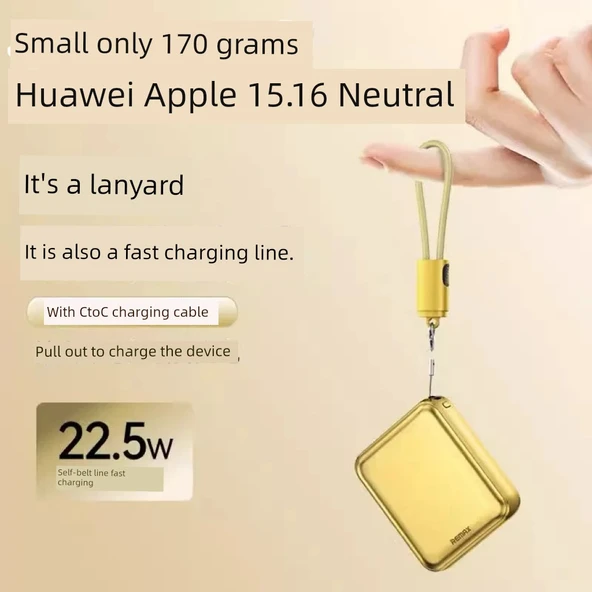 10000mAh Mini Hızlı Şarj Powerbank - Altın - Apple Adaptörlü ve Askılı Kablolu - 2