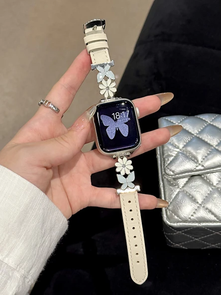 Çiçek Kelebek Deri Apple Watch Kordonu - Kayısı Rengi, iwatch SE/6/5/4 (40mm)