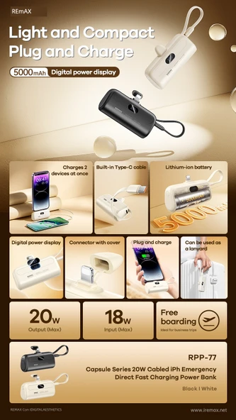 5000mAh Type-C Taşınabilir Şarj Aleti - Ay Işığı Beyazı - Resim 10