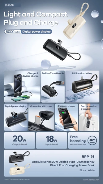 5000mAh Type-C Taşınabilir Şarj Aleti - Ay Işığı Beyazı - Resim 4