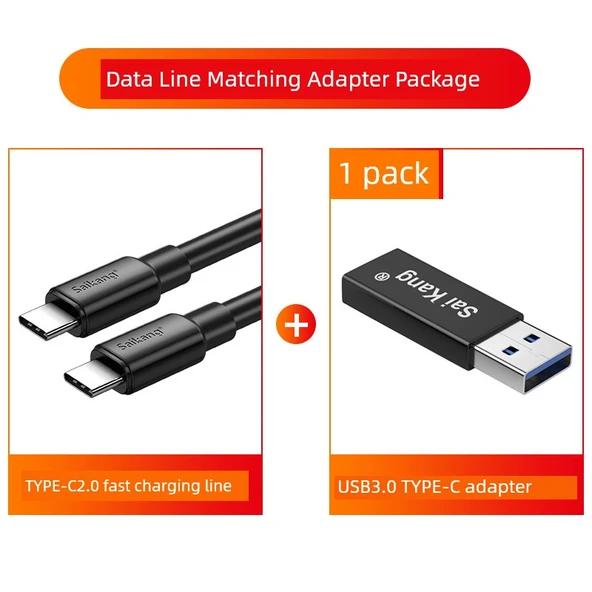 Çift USB Type-C 5A Hızlı Şarj Kablosu - 3M Type-C 2.0 + USB 3.0 - Type-C Adaptörlü - 1