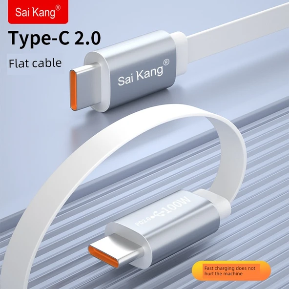 Çift USB Type-C 5A Hızlı Şarj Kablosu - 2M Type-C 2.0 Beyaz Yassı Kablo