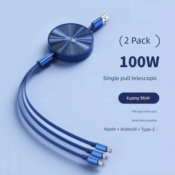 100W 3'ü 1 Arada Hızlı Şarj Kablosu - Eğlenceli Mavi (İkili Paket) (Model 2)