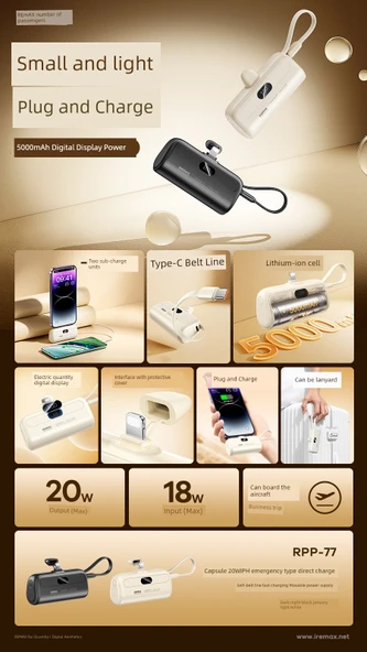 5000mAh Type-C Taşınabilir Şarj Aleti - Ay Işığı Beyazı - Resim 9