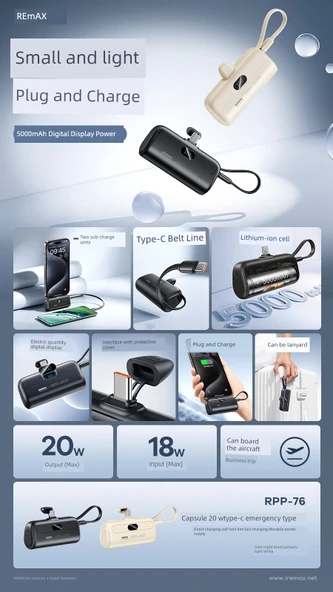 5000mAh Type-C Taşınabilir Şarj Aleti - Ay Işığı Beyazı - Resim 3