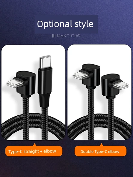 Tek Dirsekli USB Type-C Şarj Kablosu - 2M - PD65W Hızlı Şarj - 3