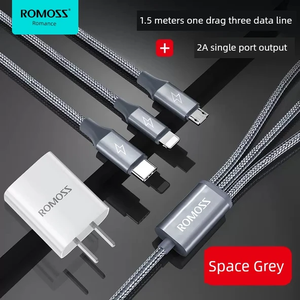 Romoss Vivo 10W Şarj Aleti - 2A Tek Port Hızlı Şarj + 1.5m Uzay Grisi Üçlü Kablo
