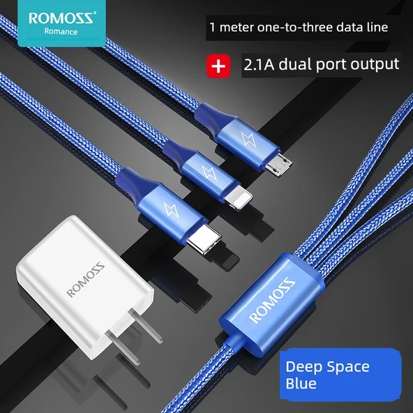 Romoss Vivo 10W Şarj Aleti - 2.1A Çift Port Hızlı Şarj + 1m Derin Uzay Mavi Üçlü Kablo