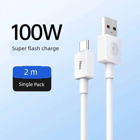 USB Type-C Kablo 6A 100W Beyaz - 2 Metre Süper Hızlı Şarj (Tekli Paket)