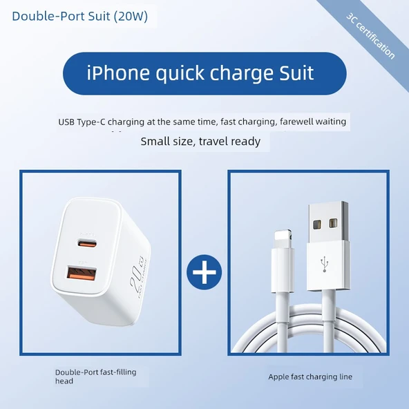 20W Çift Portlu Şarj Aleti ve 1 Metre Apple Şarj Kablosu