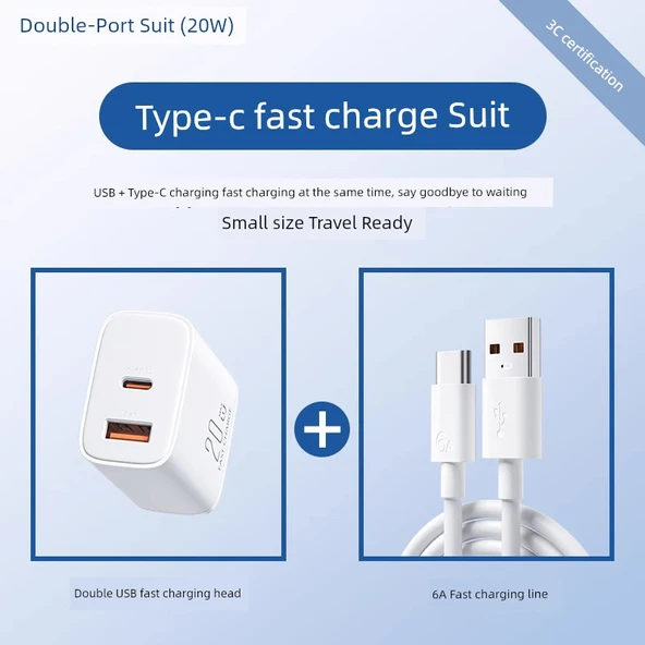 20W Çift Portlu Şarj Aleti ve 1.5m Type-C Şarj Kablosu