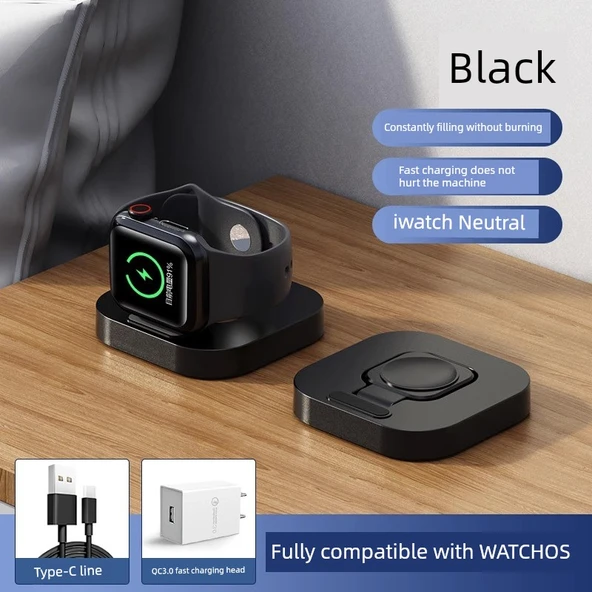 Apple Watch Manyetik Kablosuz Şarj Aleti - Siyah + Hızlı Şarj Başlığı