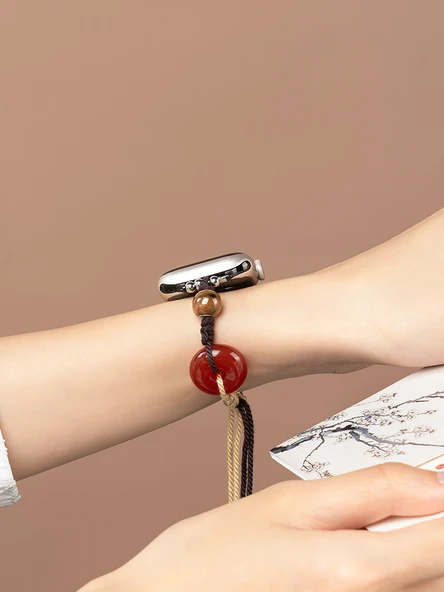 Apple Watch S3/2/1 42mm Uyumlu Akik ve Naylon Boncuklu Kordon - Ping An Tokalı - 5